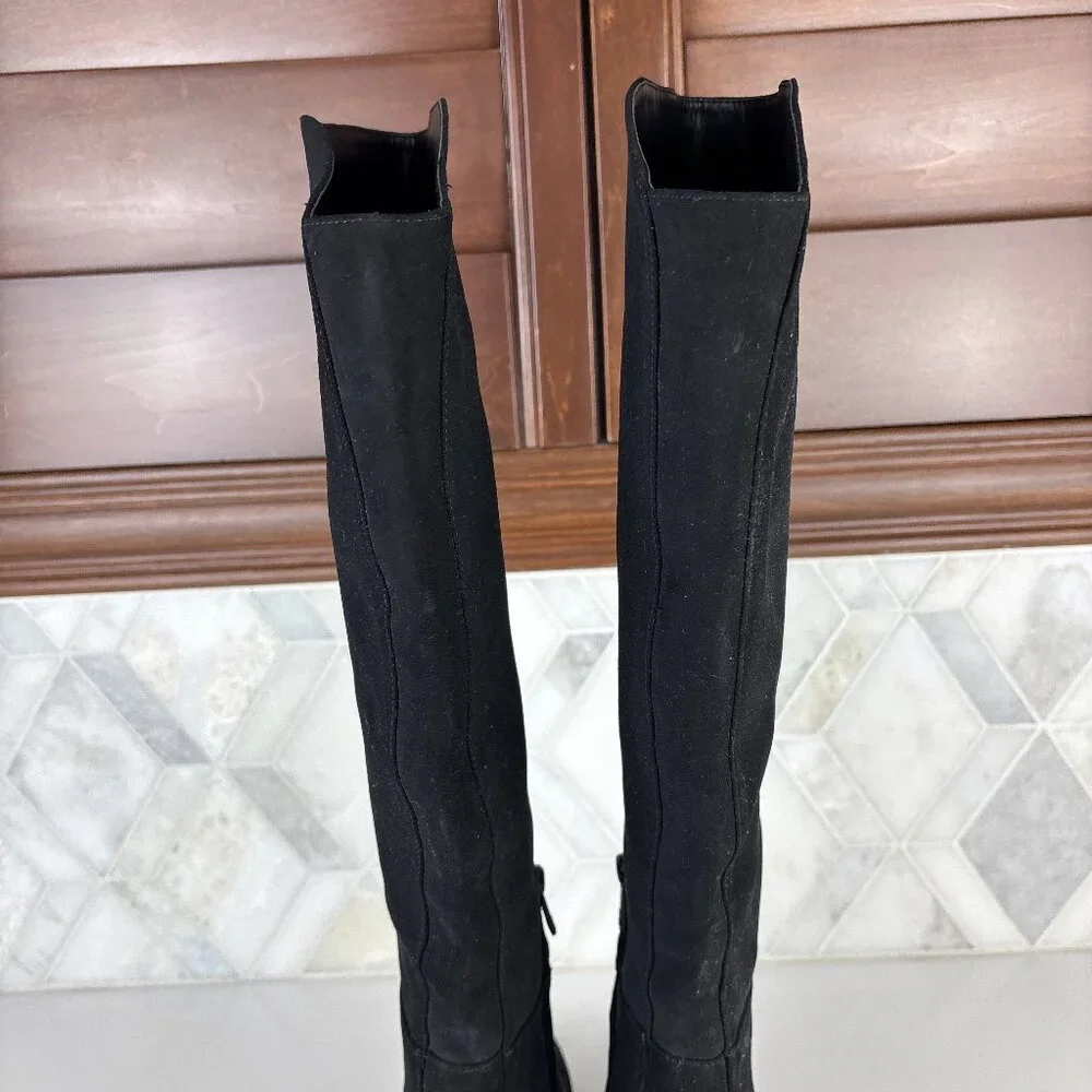 6.5 Leather Knee High Tall Boot Suede Black Round Almond Toe Heel Edelman Shauna